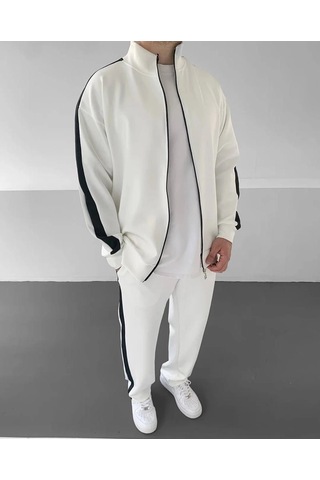 Moda Erkek Scuba Kumaş Oversize Şerit Detaylı Fermuarlı Alt Üst Eşofman Takımı - Beyaz Çok Renkli