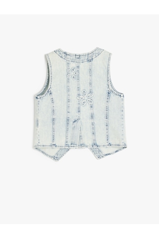 Koton Çiçek Desenli Cepli Pamuklu V Yaka Denim Yelek Lıght Indıgo 5skg20014ad Açık Mavi