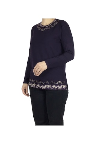 Kadın Yaka Ve Etek Desenli Taşlı Likralı Bluz-arpbattal2 Mor