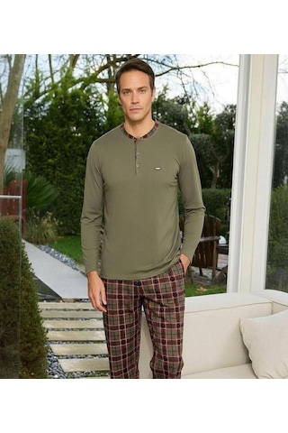 Pijamoni Erkek Standart Kalıp Pamuklu Düğme Yaka Uzun Kol Baharlık Pijama Takımı 6300/5h - 1 Adet Haki
