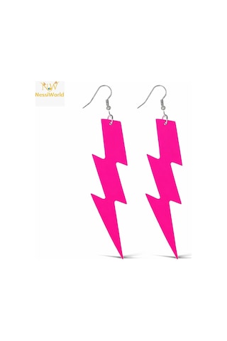 80 Ler 90& 39 Lar Retro Neon Pembe Şimşek Küpe 10 Cm