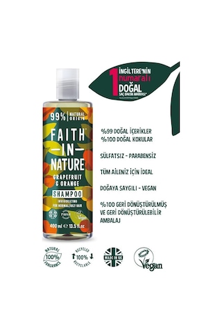 Faith in Nature %99 Doğal Tazeleyici Şampuan Greyfurt & Portakal Normal & Yağlanmaya-Kepeğe Meyilli Saçlar İçin 400 ML