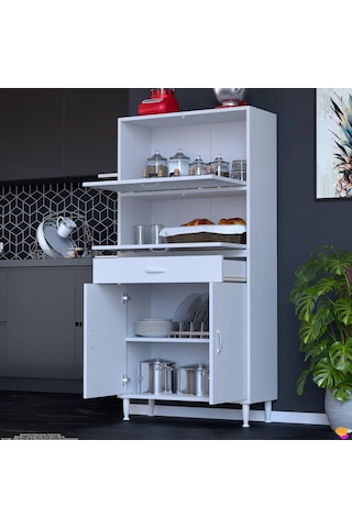 Modilayn Vio 70x163,4x32,5 Cm Yeni Çekmeceli, Kapaklı, Ekmeklikli, Çok Amaçlı Mutfak Dolabı. Beyaz
