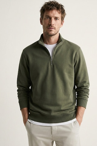 Elemge Pamuklu Erkek Sweatshirt Haki Soft Touch Relax Fit Yarım Fermuarlı Dik Yaka 3 Iplik Nefes Alan