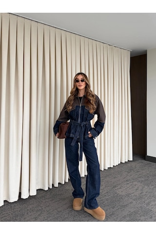 Laluvia Lacivert - Kahve Bağlamalı Ceket Pantolon Denim Takım - 0836 Lacivert