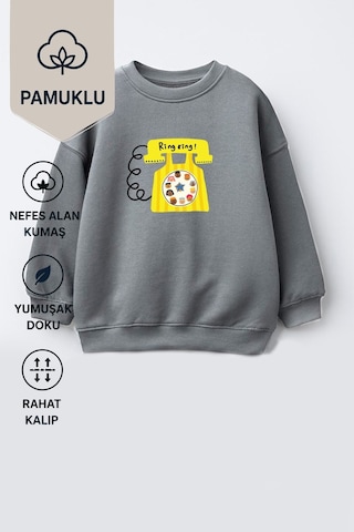 Monila Unisex Çocuk Telefon Baskılı 3 İplik Kumaş Pamuklu Sweatshirt Antrasit