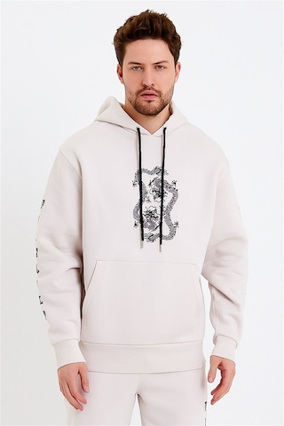 JAHR MARC Ejderha Baskılı Krem Oversize Erkek Sweatshirt Krem