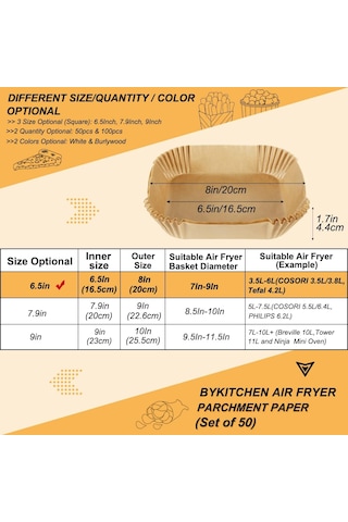 Hava Fritözü Pişirme Kağıdı, Kare Tek Kullanımlık Levhalar, Hava Fritözü İçin Yağ Geçirmez, Cosorı, Ninja, Tower Cosori 7.9" 100 Adet Kahverengi İle Uyumlu