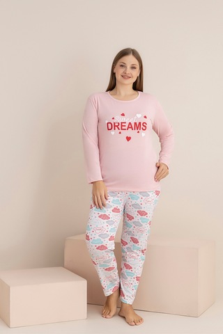 Rindahomewear Büyük Beden Sweat Dreams Süprem Uzun Kol Pijama Takımı Pembe