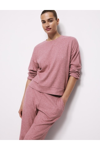 Marks & Spencer Fitilli Dokulu Bisiklet Yaka Uzun Kollu Pijama Üstü T37003666T Pembe