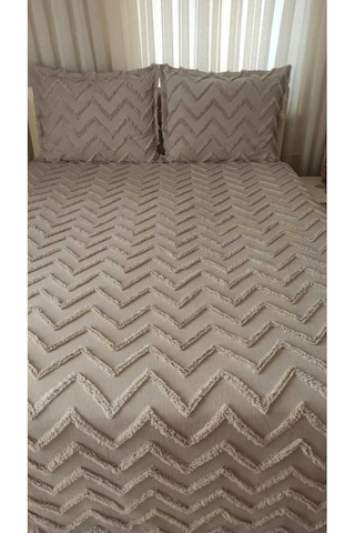 Zigzag Desenli Peluş Çift Kişilik Pike Takımı 4 Mevsim Kullanım, Şık Ve Modern Yatak Örtüsü Seti Vizon
