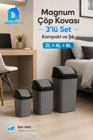 Magnum 3 Lü Sallanır Kapaklı Çöp Kovası Seti 2 L 4 L 8 L Banyo Mutfak Antrasit Siyah