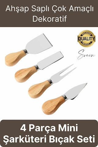 Bambu Saplı 4'lü Mini Şarküteri Bıçakları Servis Sunumluk Peynir Ve Ekmek Kesimi İçin Spatula Seti çok renkli