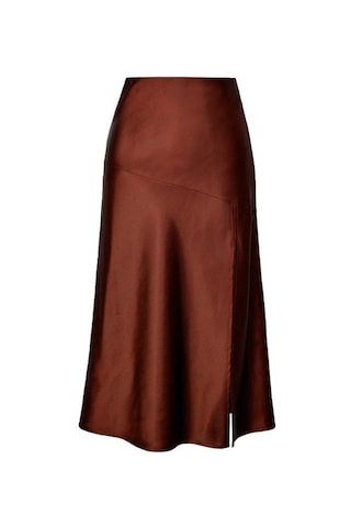 Yüksek Bel Saten Düz Renk Ayrık Uzun Büstiyer Etek Kahverengi