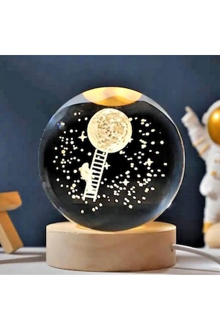Kristal Cam Küre Led Işıklı Usb Kablolu Ahşap Stantlı Gece Lambası Dekoratif Hediyelik Astronot