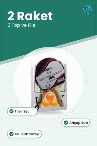 Masa Tenisi Raket Seti 2 3 Top Fileli Ahşap Sap Kauçuk Yüzeyli Oy