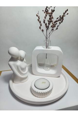 Kare Formlu Cam Tüplü Sarılan Sevgili Dekoratif Mumluk Set Beyaz Beyaz