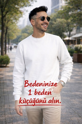 Luxıc Core Erkek Beyaz Basic Sweatshirt Geniş Kalıp Bisiklet Yaka, Rahat Kesim, Günlük Ve Sokak Stili