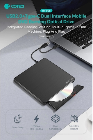 Coteci Çift Bağlantılı Usb 2.0 Type-c Harici Dvd Rw Yazıcı Teknoloji Bağlantı