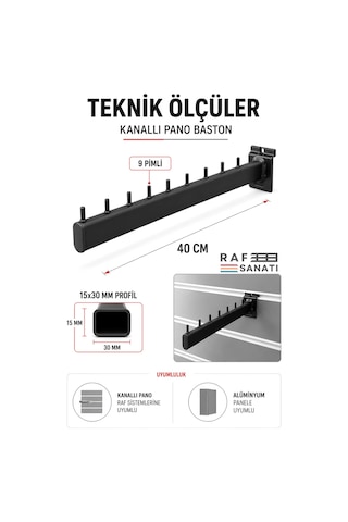 5 Adet - Kanallı Pano Baston Askılık 40 Cm Alüminyum Panel Uyumlu Mağaza Raf Askı Aparatı Siyah