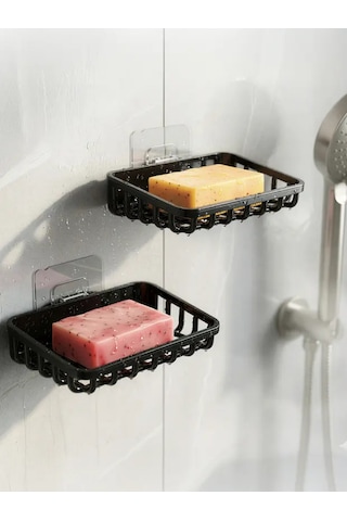 2'li Set Yapışkanlı Banyo Sabunluk, Katı Sabun Tutacağı, Lavabo Mutfak Katı Sabunluk Süngerlik Siyah