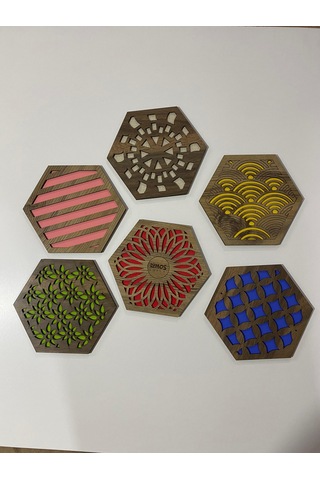 6'lı Büyük Boy Renkli Ahşap Tencere, Tava, Çaydanlık Altlığı