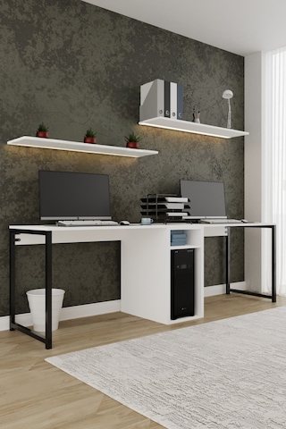 Twin 2 Kişilik Raflı Çalışma Masası Ofis Bilgisayar Masası - Beyaz Beyaz