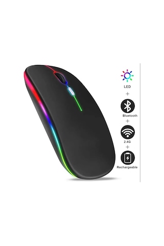 Plentiful Rgb Işıklı Şarjlı Kablosuz 2.4g+bluetooth Mouse Sessiz Siyah