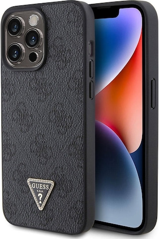 Apple Uyumlu iPhone 15 Pro Max Kılıf Guess Lisans Pu Deri Taşlı Üçgen Logo 4g Desen Strass Siyah