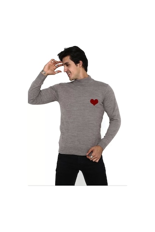 Unisex Yarım Boğazlı Baskılı Dokuma Triko - Vizon Vizon