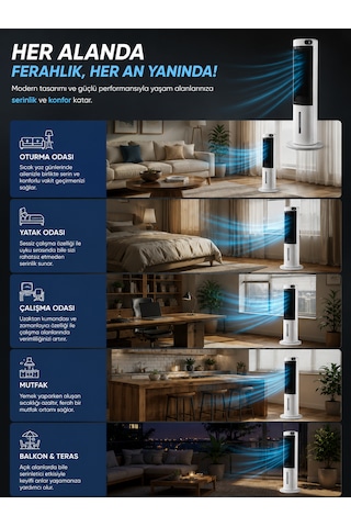 Sessiz Kule Tipi Hava Soğutucu 40 İnç 70w 3l Su Tanklı Led Dokunmatik Ekranlı Vantilatör Fan