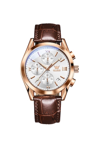 Olevs 2872 Erkekler Üç Göz Altı İğne Kronograf Su Geçirmez Kuvars Saat Beyaz + Gül Altın