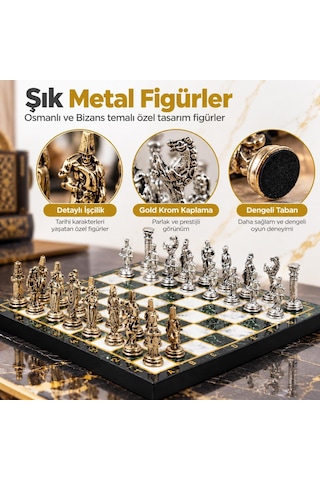 Lüks Metal Satranç Takımı Osmanlı Bizans Figürlü Krom Yeşil Mermer Desenli 20x20 Premium Hediye Seti