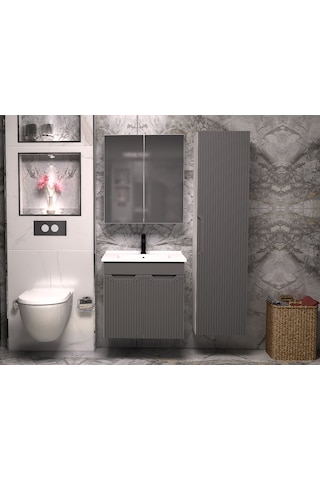 Banyo Dolabı Aynalı Cnc İşlemeli Membran Kapaklı 65 Cm Antrasit