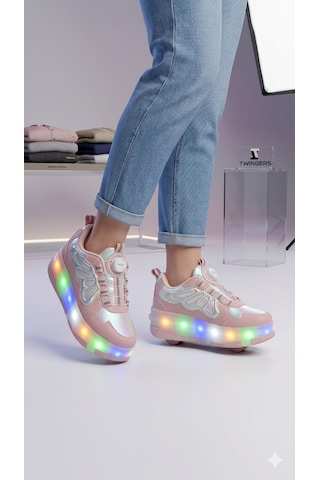 Kız Çocuk Patenli Kaykay Tekerlekli Işıklı Rahat Spor Ayakkabı¥i Model Hologramlı Pembe Pudra