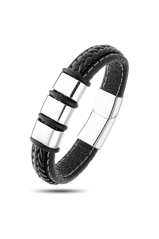 Brezza Lusso Jewelry Hakiki Örgü Derili Çelik Erkek Bileklik Siyah