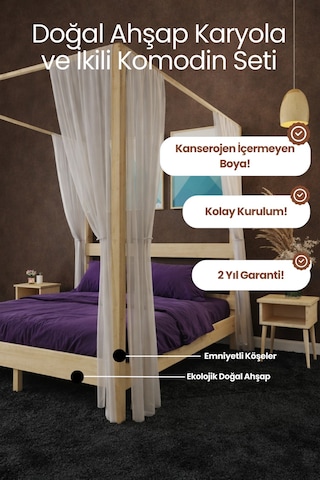 Natura Ci Bi Nli Kli Model Masif Ahşap Karyola Ve 2 Adet Komodin Kolay Kurulum Fırınlanmış İthal Sibirya Çamı 90x190 Yatak Uyumlu 2 Adet Komodin