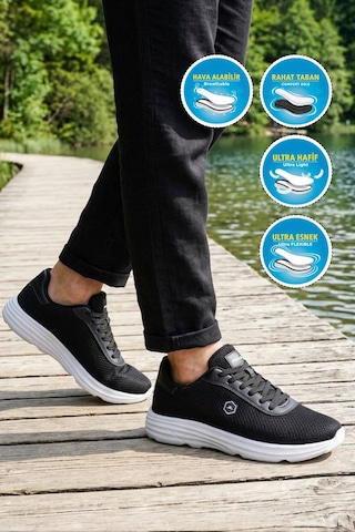 Walkway Siyah-beyaz Fileli Hafif Esnek Unisex Spor Ayakkabı 26102 M Siyah - Beyaz