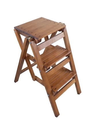 Ahşap Merdiven Tabure Katlanır Ceviz Renk 3 Basamaklı Ceviz