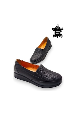 Kadın Taba Hakiki Deri Içi Deri Comfort Tam Ortopedik Anne Ayakka Siyah-baskılı Siyah