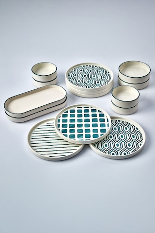 Kitchen Life 14 Parça 6 Kişilik Neometric Stackable Kahvaltı Takımı - Kahvaltılık Sunum Tabağı Yeşil - Beyaz