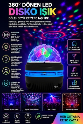 360 Dönen Led Disko Işığı Usb Renkli Gece Lambası Parti Oda Bar Kulüp Aydınlatma Siyah