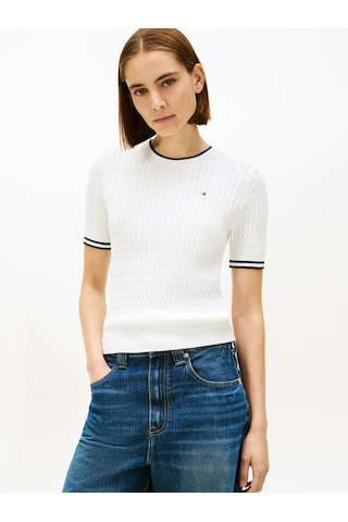 Tommy Hilfiger Co Cable C-nk Ss Swt Kadın Beyaz Kazak - Ww0ww41787 Beyaz