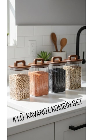 Akasya Kapaklı 4 Lü Cam Saklama Kavanoz Seti Mien 4'lü 1500 Ml Kare, Akasya Kapaklı, Kulp Detaylı Set Kahverengi - Şeffaf