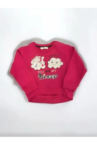 Zekids Kız Bebek Dady Yazılı Bulut Baskılı Pamuklu Sweat-14461 Fusya