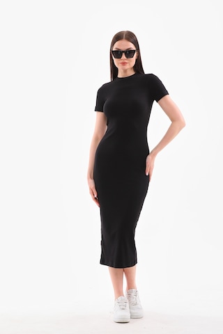 Kallima Siyah Kısa Kollu Diz Altı Fitilli Esnek Kalem Elbise - 130 Cm Siyah