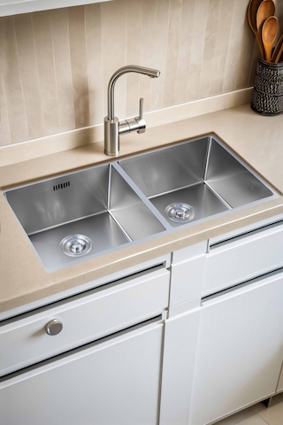 Han Serisi %100 Krom 82x45 İki Göz Paslanmaz Mutfak Eviyesi, Mutfak Lavabosu Sifon Dahil Silver
