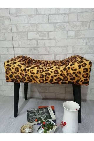 Puf . Leopar Desenli Siyah Ahşap Ayak Çima Dikiş Spor Modern Tasa