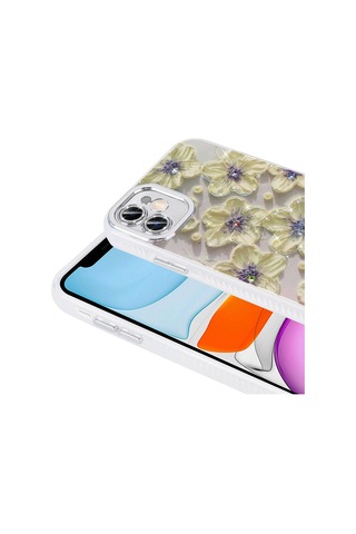 Apple Uyumlu iPhone 11 İle Çiçek Desenli Parlak Taşlı Sert Silikon Kapak