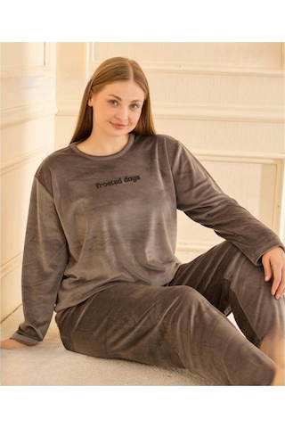 Mihra Kadın Kışlık Bisiklet Yaka Kadife Battal Pijama Takımı 132213g - 1 Adet Gri